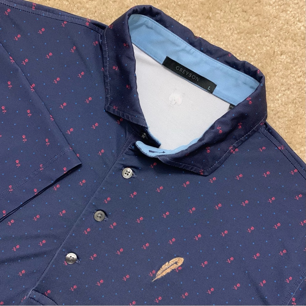 Greyson Golf Polo Mens Large Dark Blue with Red Roses All Over Print & Wolf Logo